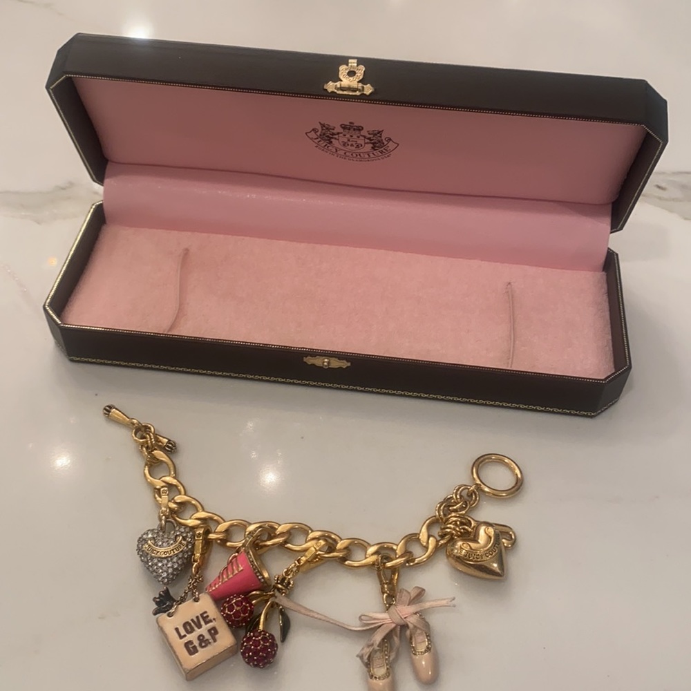 Juicy Couture Charm Bracelet 7 Charms Hearts Cherries Ballet Slippers 7.5” long